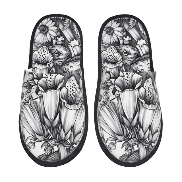 Fotbe Monochrome Botanical Illustration Pantuflas Peludas para Mujer con Estampado, Zapatillas de Peluche, Zapatos de Invierno para Casa, Uso Interior y Exterior-Medium