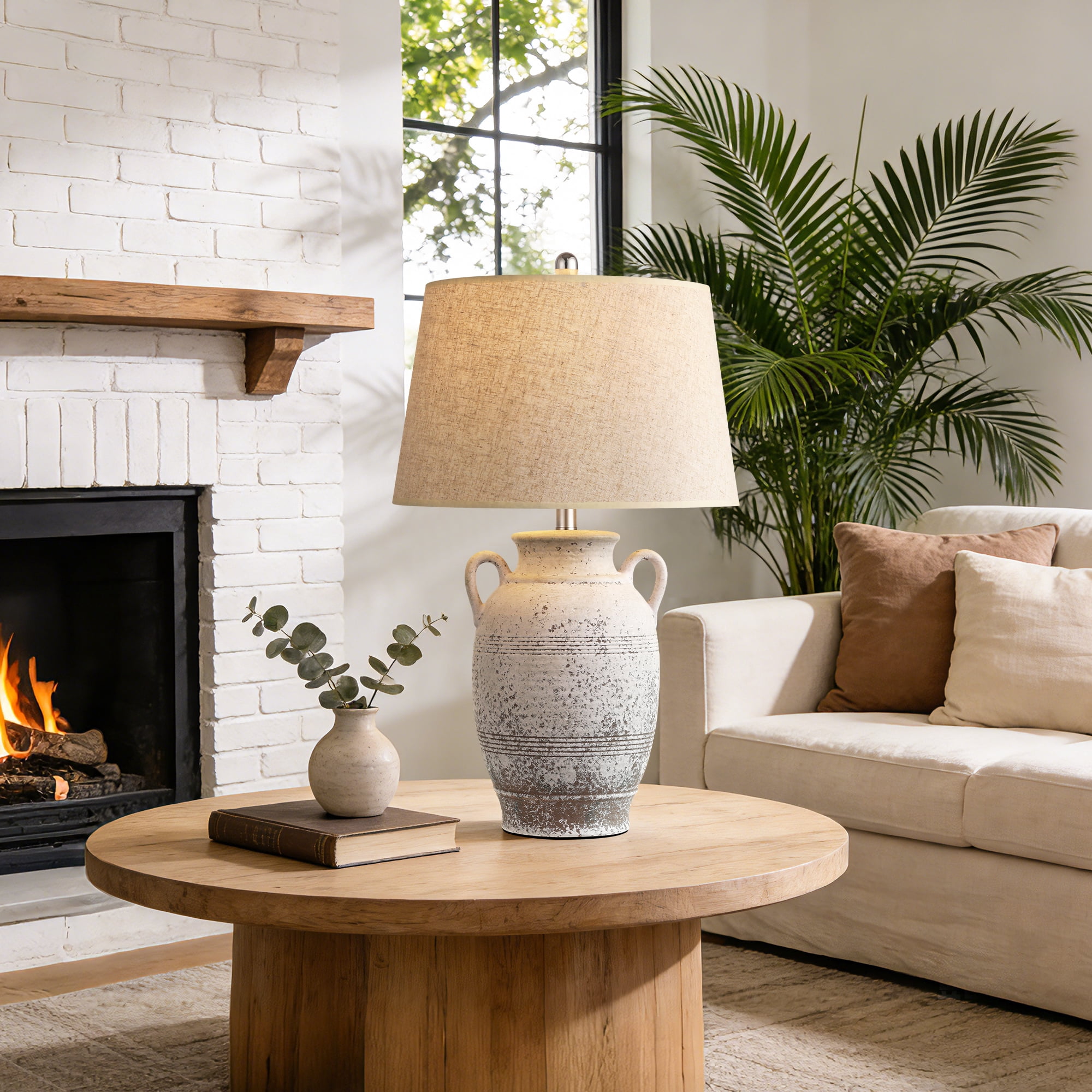 26in Farmhouse Ceramic Table Lamp, 3-Way Dimmable Bulb Included, Rustic Bedside Light for Bedroom Living Room
