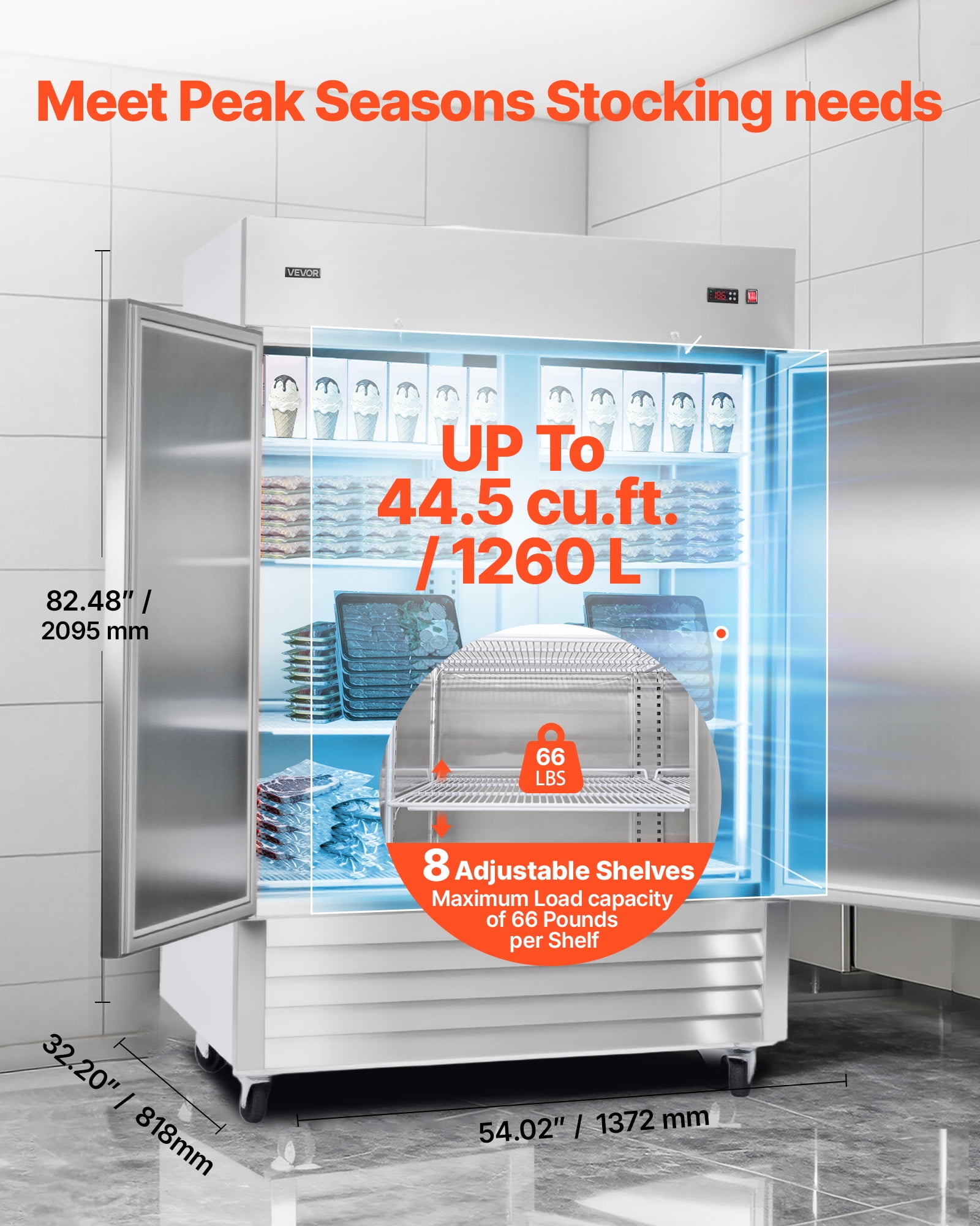 VEVOR Commercial Reach-In Freezer 54" W, 44 Cu.Ft Stainless Steel Upright Freezer with Double Doors, Auto-Defrost, 8 Adjustable Shelves, -11 to 14℉ Temp Control, ETL Certified