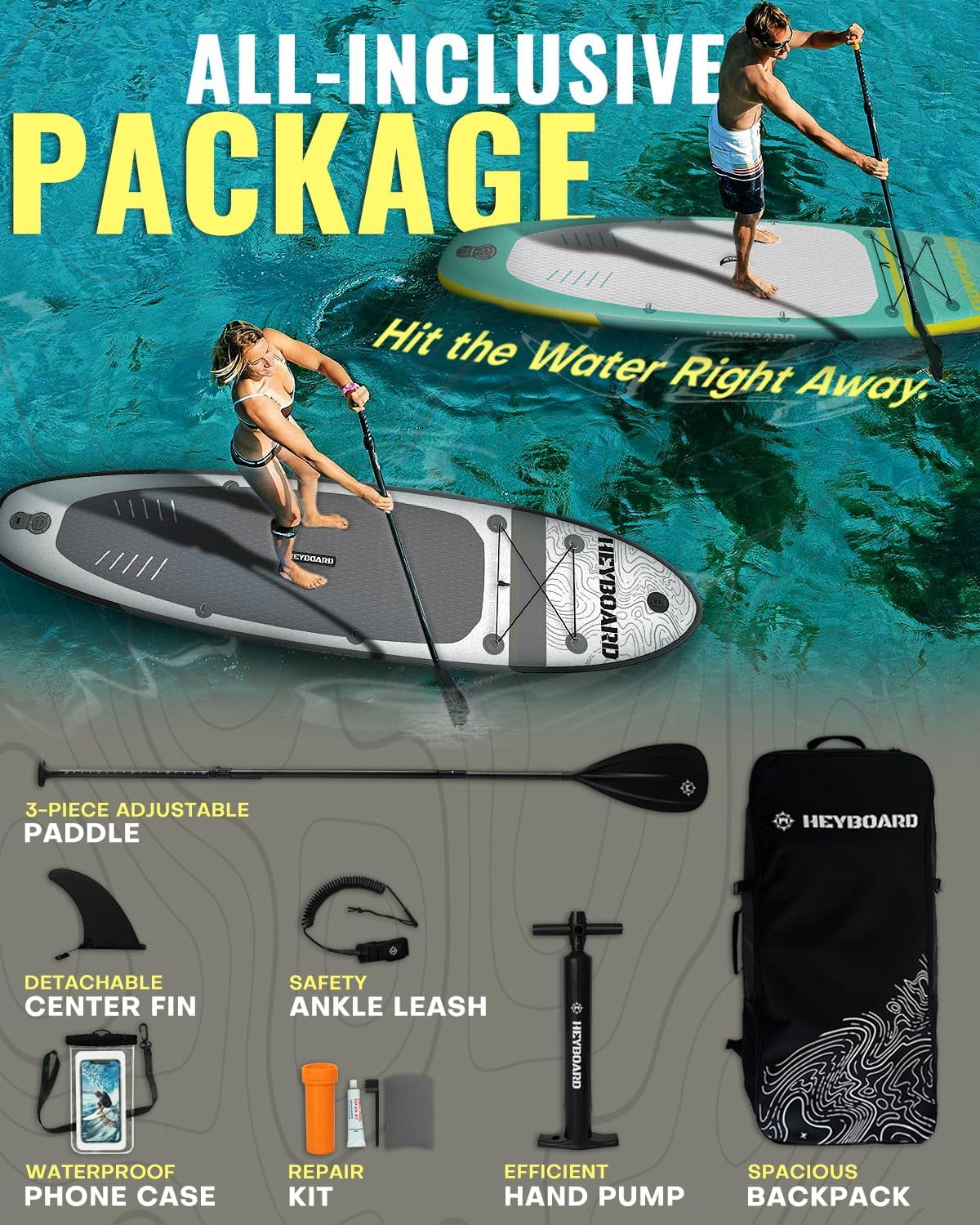 HEYBOARD 10'/10‚Äô6‚Äù Inflatable SUP Board with Accessories