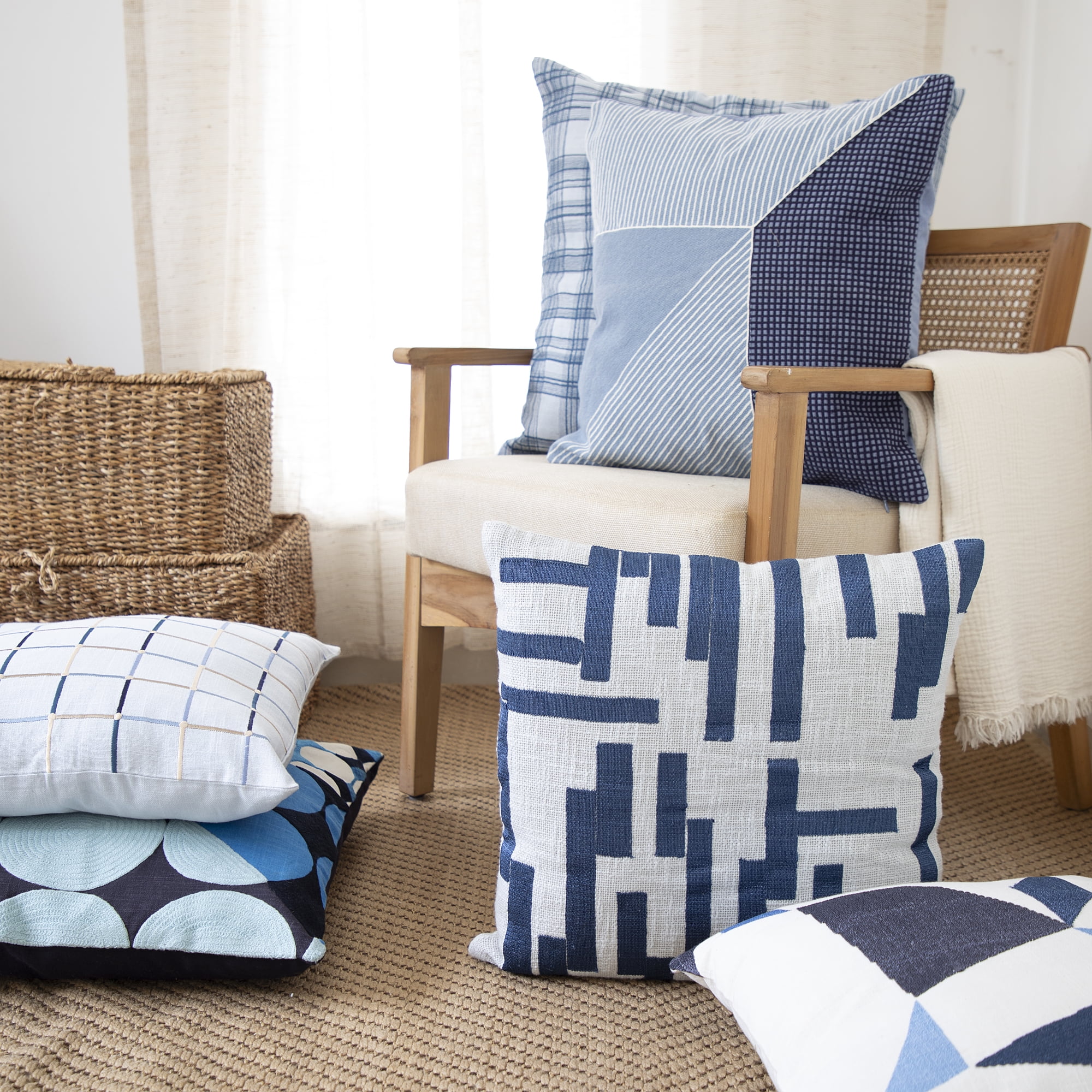 Ox Bay and Stacy Garcia 24" x 24" Blue/Ivory Embroidered Geometric Cotton Adult Decorative Throw Pillow