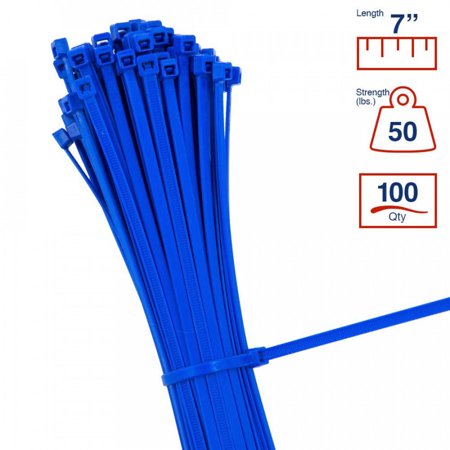 - BCT 7 Inch 50 lb Cable Ties - Medium Duty Industrial/Home Use - Bag of 100 - Blue - Zip Ties - Y7506C
