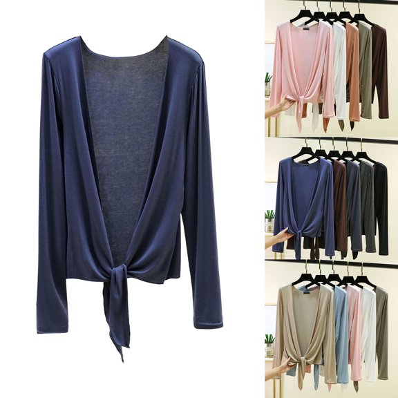 Dvprdro Womens Casual Cardigan Long Sleeve Soft Stretchy Wrap Front Lightweight Solid Summer Air Conditioning Thin Coat