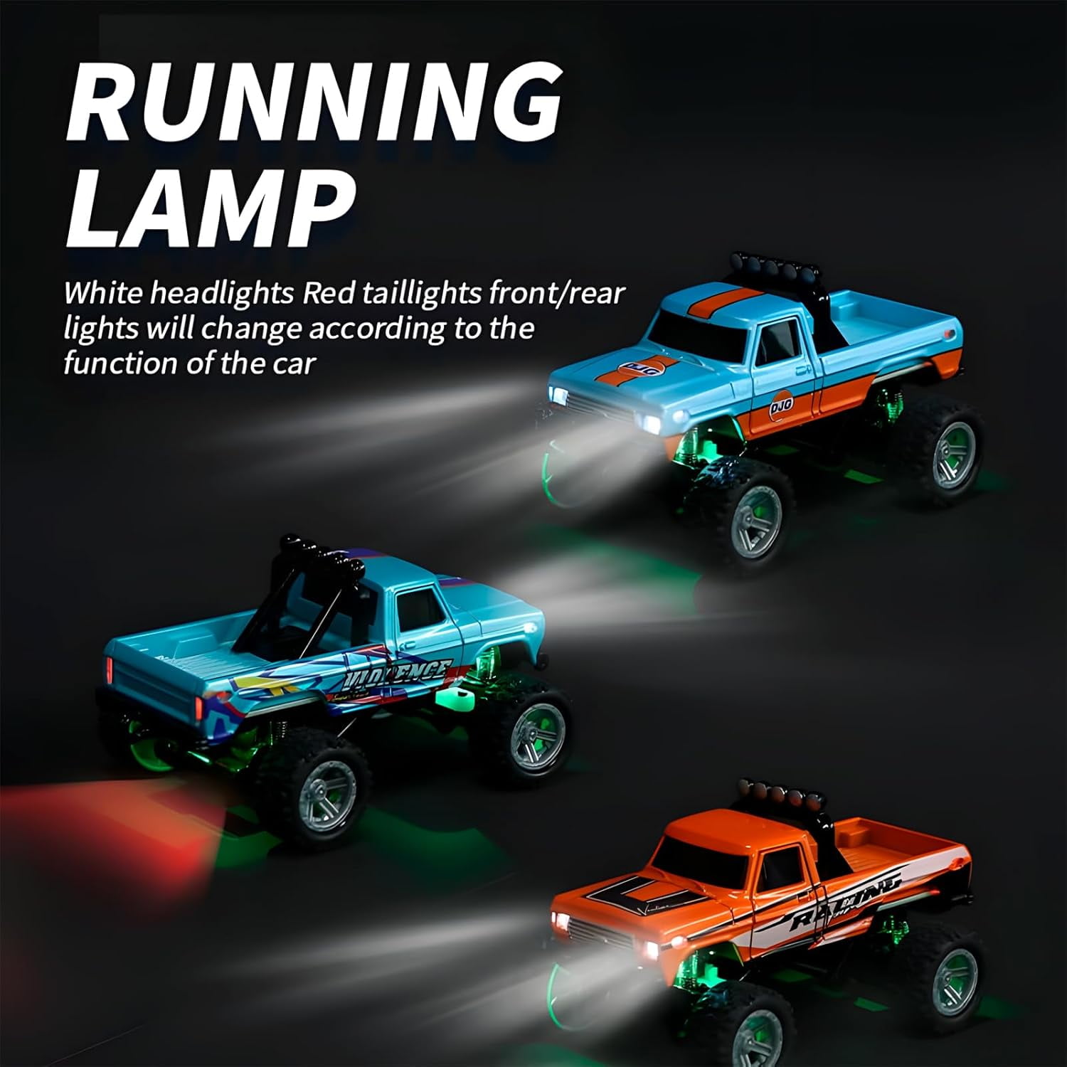 1:64 Mini RC Monster Truck with LED Lights | 2.4GHz Off-Road Remote Control Car | 3 Speed Adjustable, USB Rechargeable Alloy RC Truck for Kids & Adults Indoor/Outdoor Racing (Orange Blue)