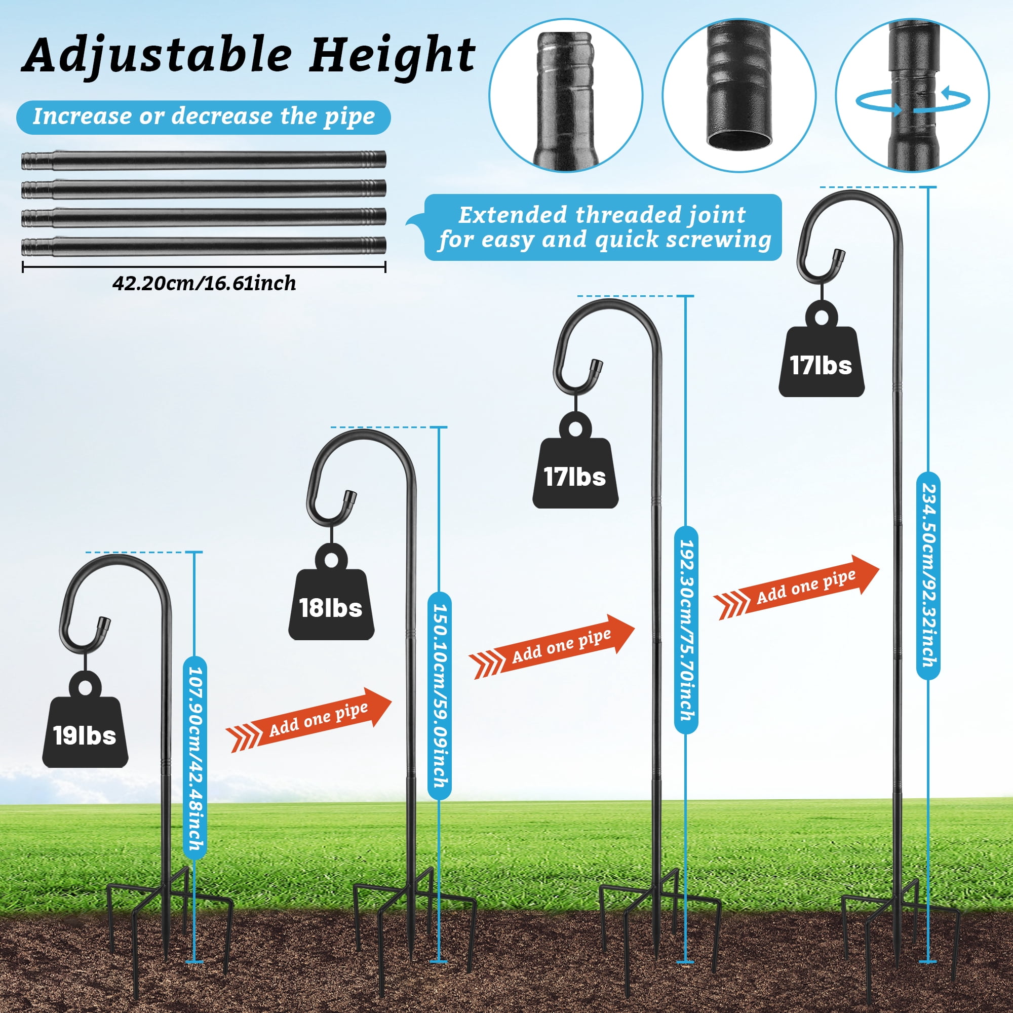 92 Inch Shepherds Hooks for Outdoor with 4 Hooks, Heavy Duty Bird Feeder Pole with 5 Base Prongs, Adjustable Garden Hanging Holder for Bird Feeders, Lanterns, Valentine's Gift Weddings Decor