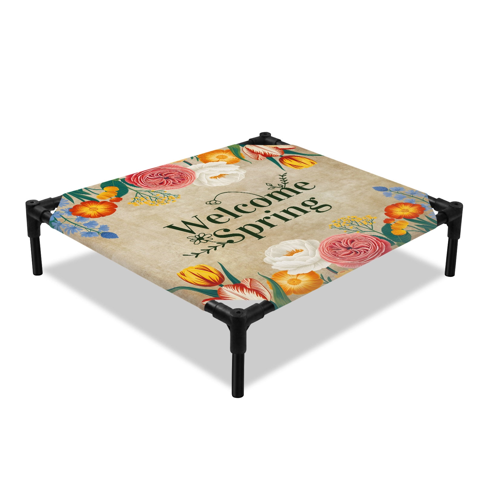 Welcome Spring Elevated Dog Bed Watercolor Flowers Farmhouse Green Leaves Vintage Cooling Breathable Outdoor Raised Dog Cot Bed with Metal Frame Non-Slip Feet for Small Dog 20x20in