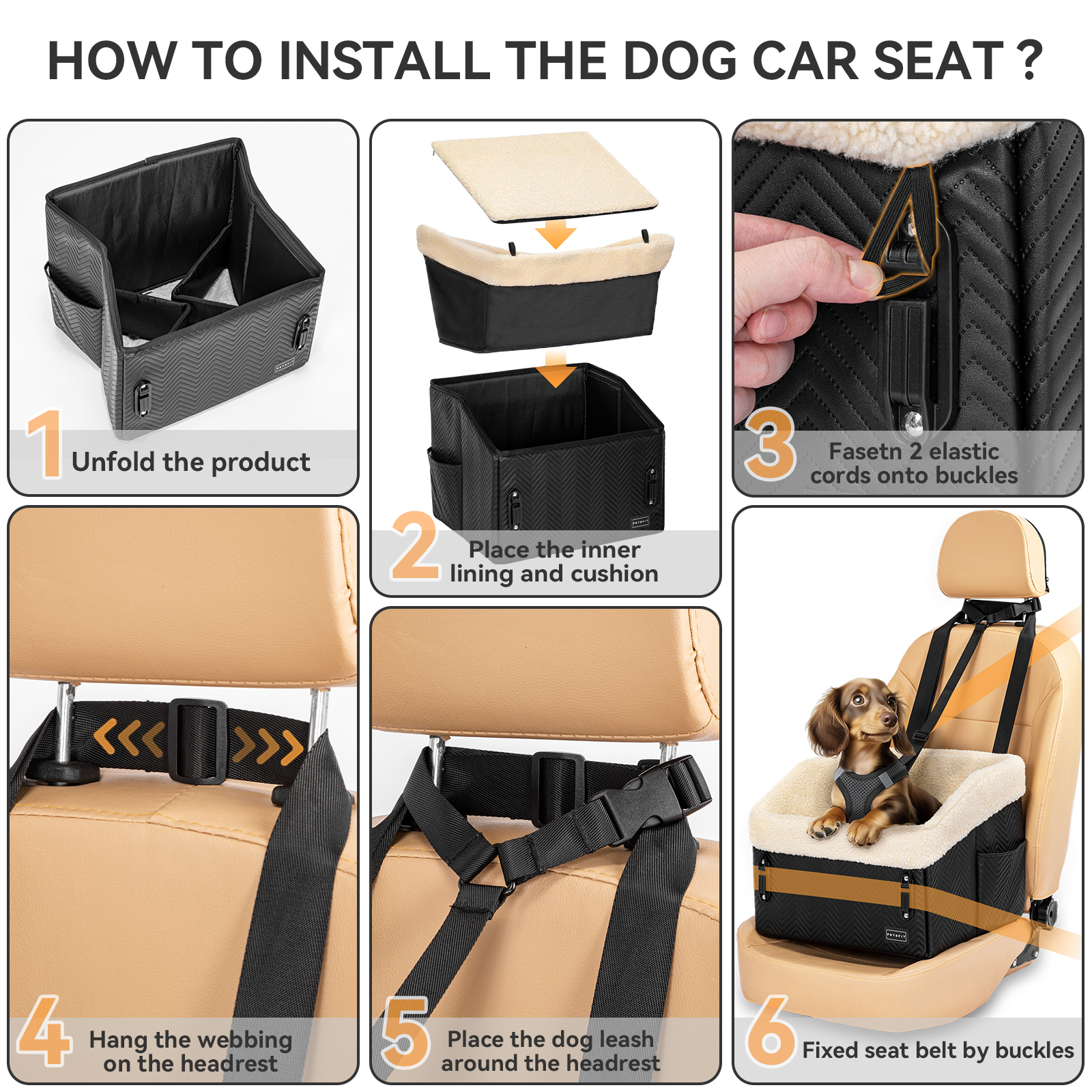 PETSFIT Small Dog Car Seat,Waterproof PU Leather Booster Seat for Small Dogs,Patent Safe Buckles, 30 lb Limit, Black