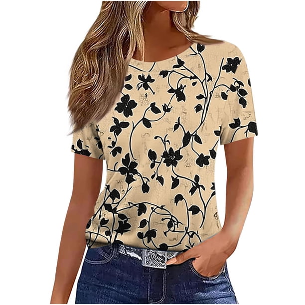Camiseta de Manga Corta de Verano para Mujeres Delgada Moda Casual Impresa No Estructurada Cuello Redondo Mujer Manga Corta Tops Casual