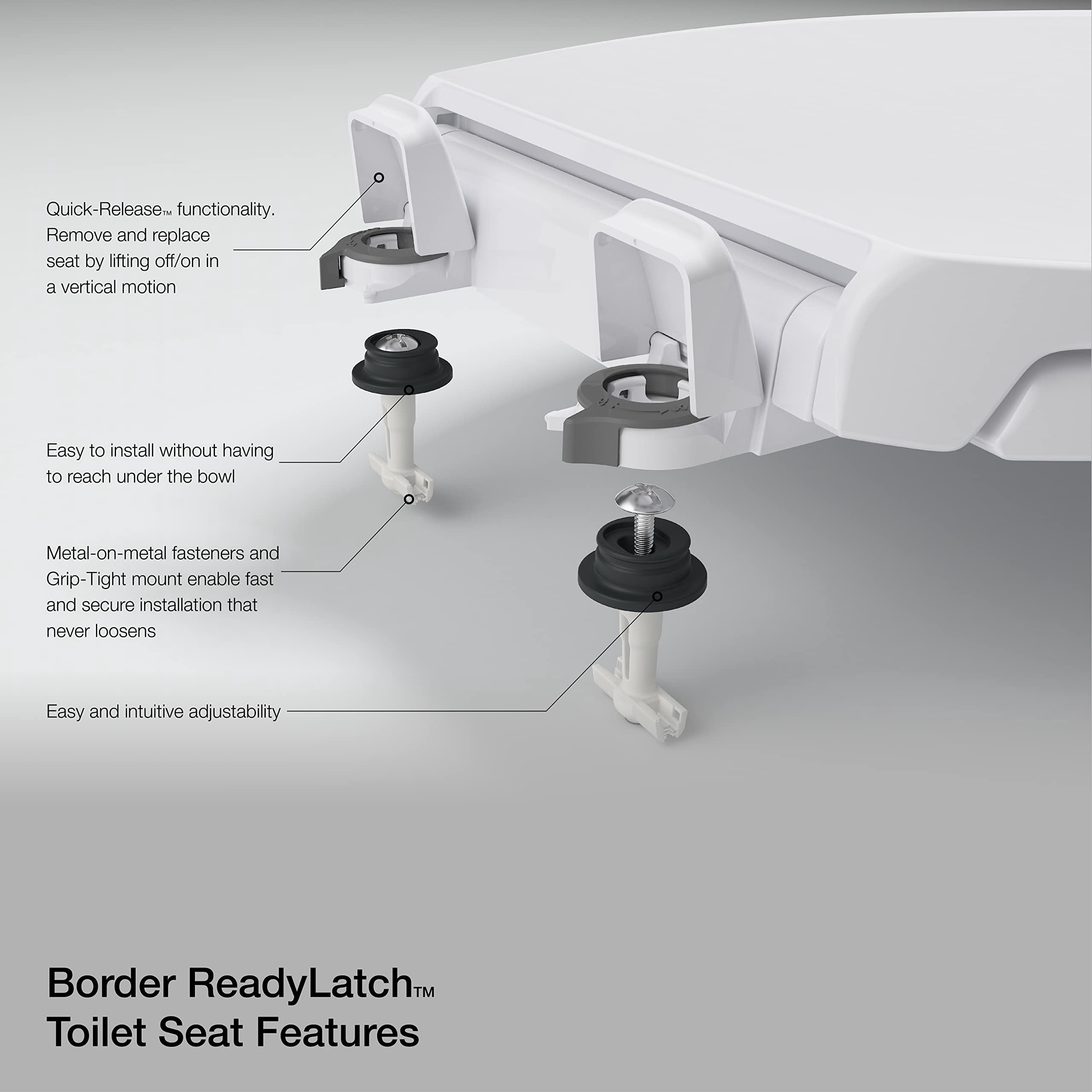 KOHLER 78052-RL-0 Rutledge ReadyLatch Quiet Close Rount Toilet Seat, Slow Close Lid and Seat, Grip-Tight Bumpers and Installation Hardware, White