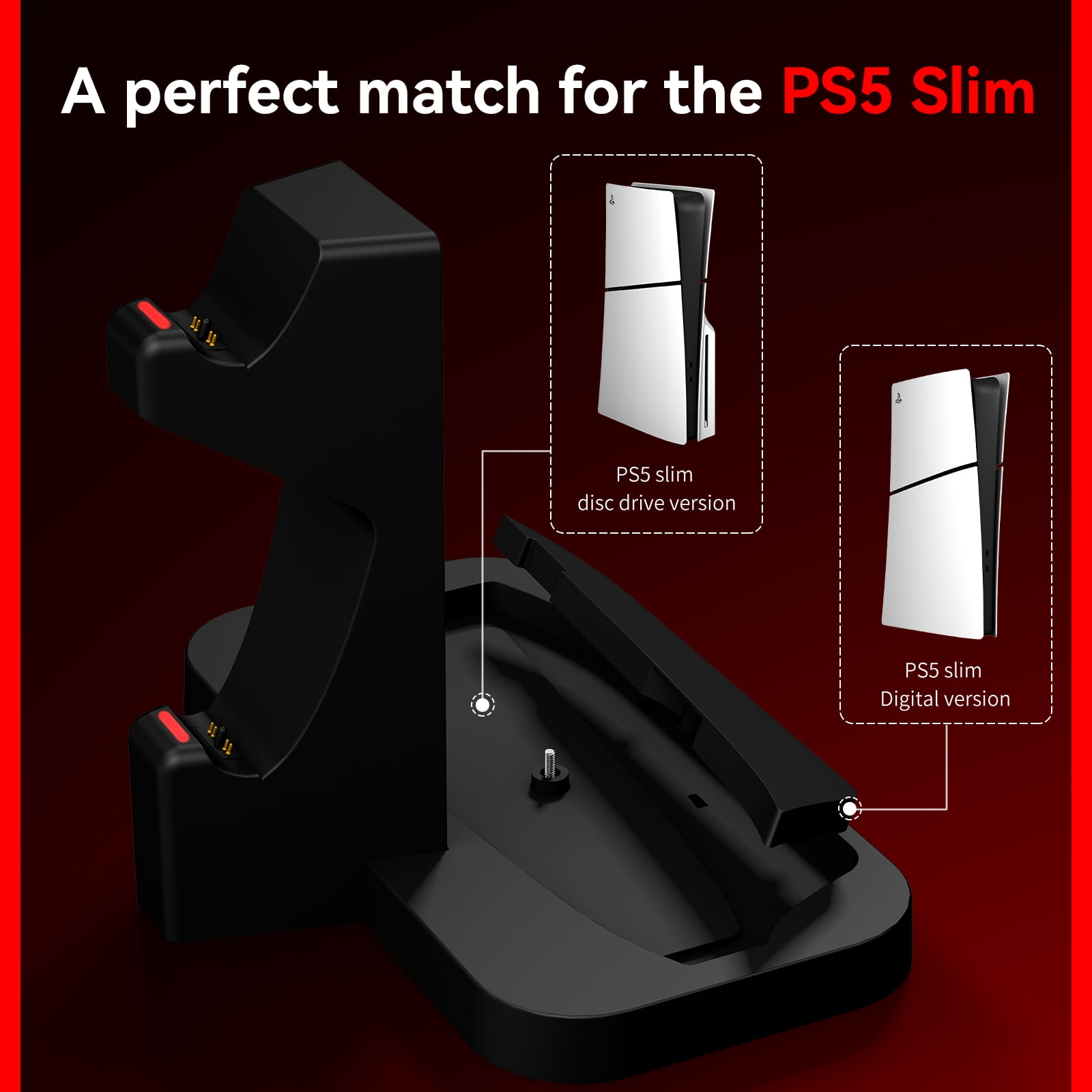 NBCP PS5 Vertical Stand with Dual Controller Charger and LED Indicators, Compatible with PlayStation 5 Disc & Digital Editions