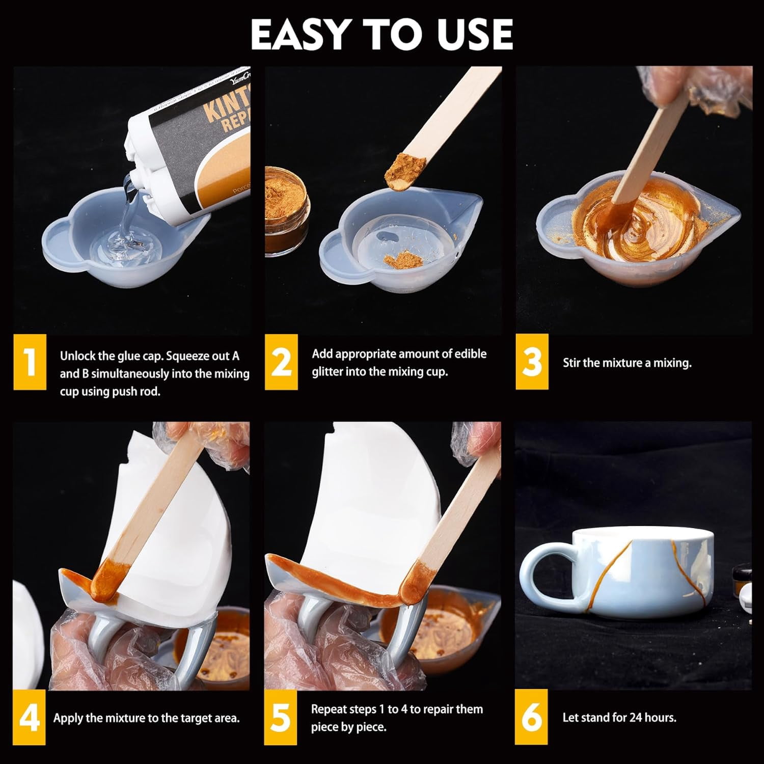 Kintsugi Repair Kit Gold & Silver, 50ml Food Safe Ceramic Glue, Japanese Art Craft Kintsugi Glue for Broken Pottery, Porcelain, Glass, Jade, Bowls, Beginner-Friendly for Restoring Meaningful Gifts