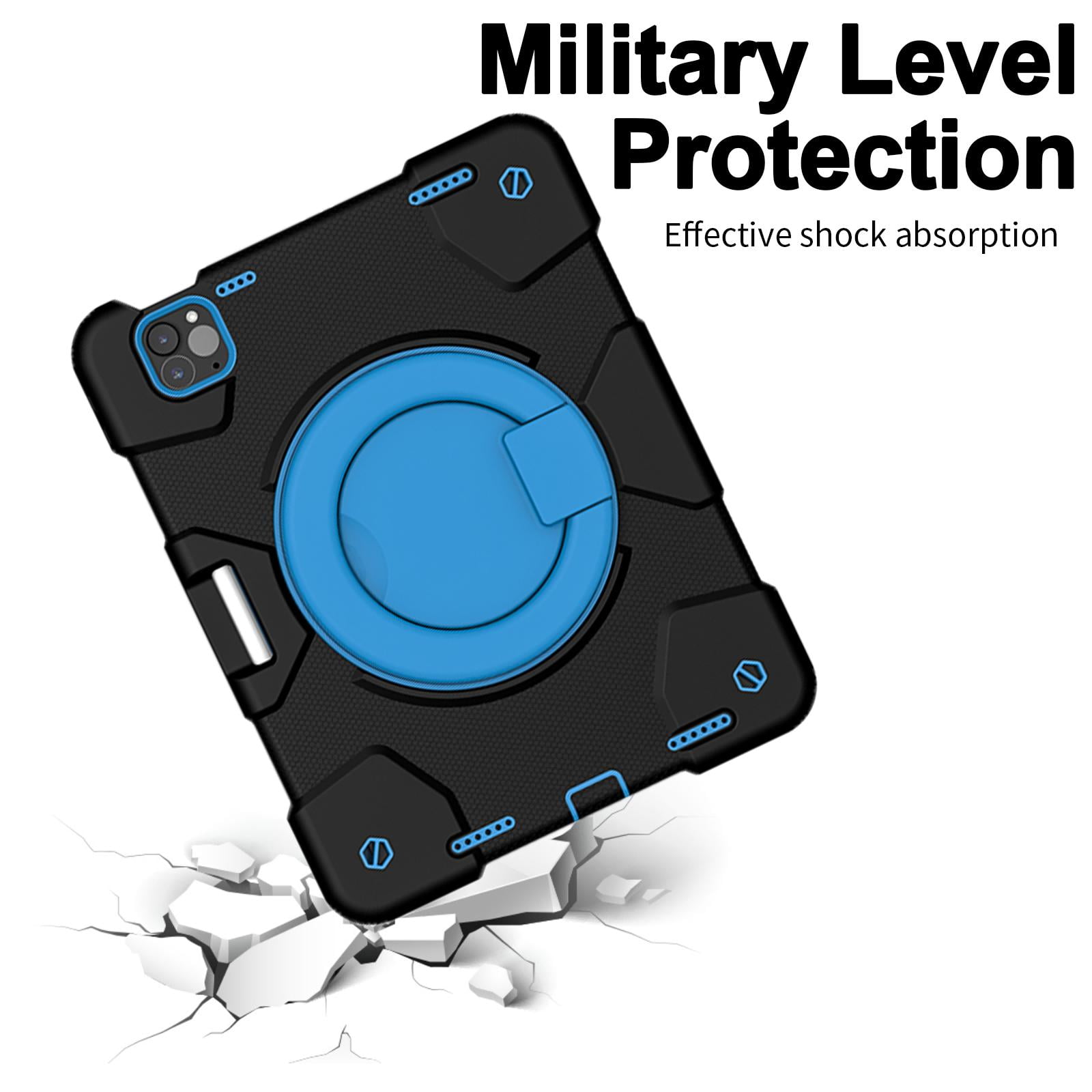 ELEHOLD Military Grade Shockproof Case For Apple iPad Air 11 (2024), Heavy Duty Protection Ring Stand Cover, Adjustable Angel, Detachable Shoulder Strap, Pencil Holder, Black+Blue