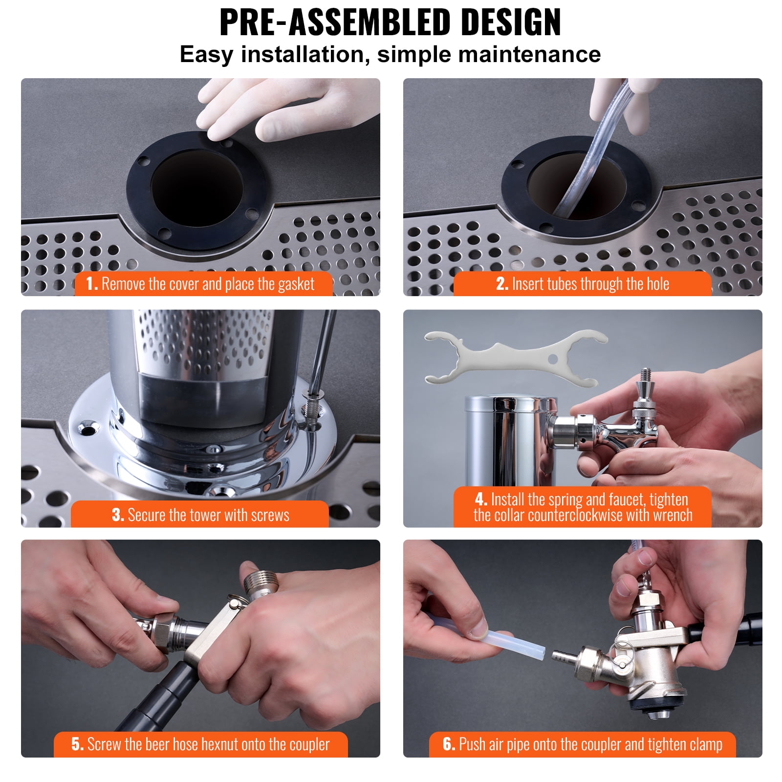 KFFKFF Single Tap Kegerator Tower Kit with Stainless Steel Beer Dispenser, Dual Gauge Regulator, D-System Keg Coupler, and Drip Tray for Home or Party Use