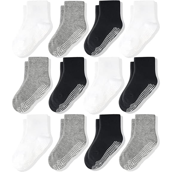 CozyWay Non-Slip Crew Grip Infant Socks, 12 Pack for Boys & Girls, Black/White/Gray, 0-6 Months