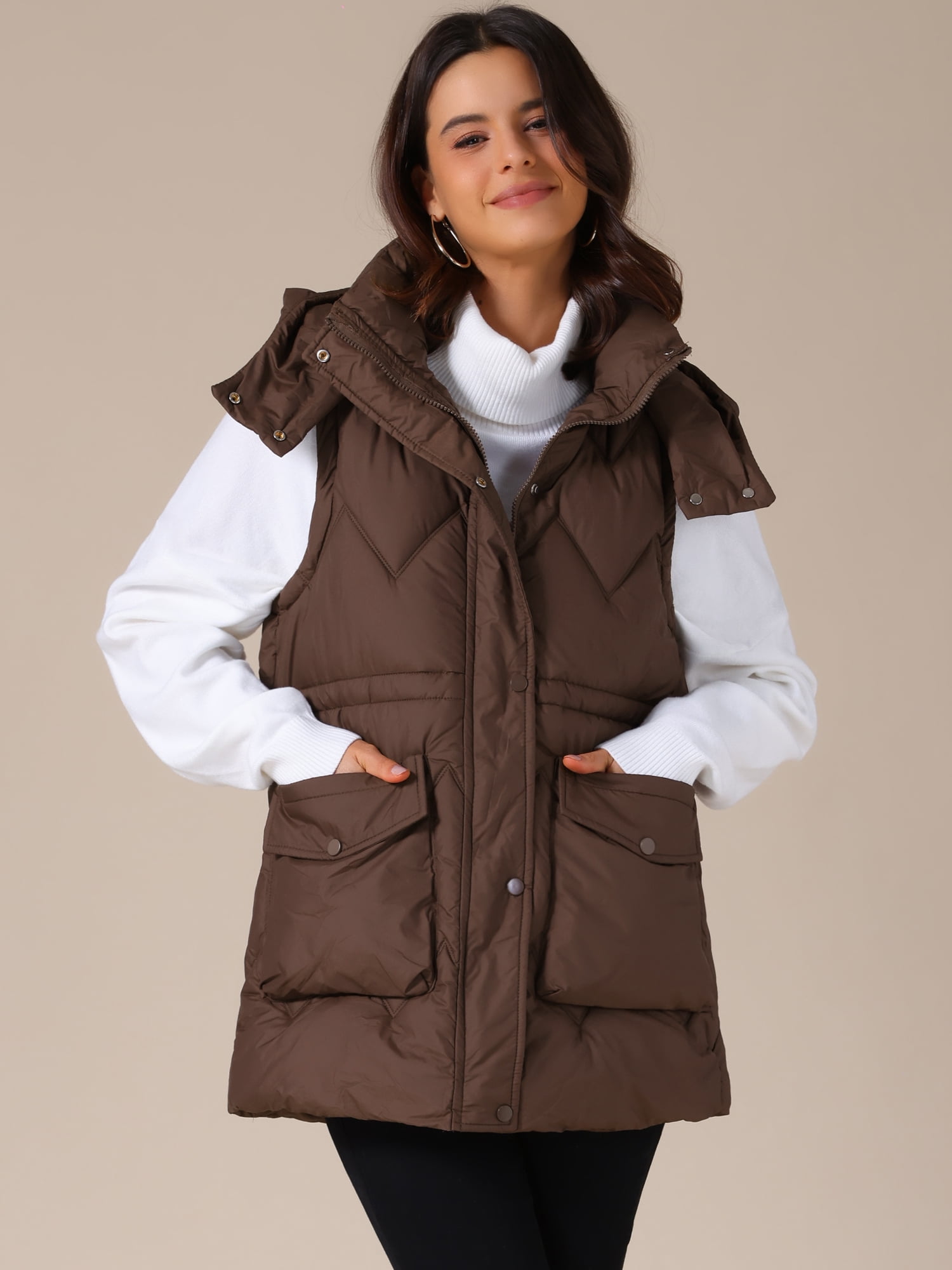DARING DIVA Women's Puffer Vest Coat Hooded Zip Up Long Sleeveless Jacket S Coffee