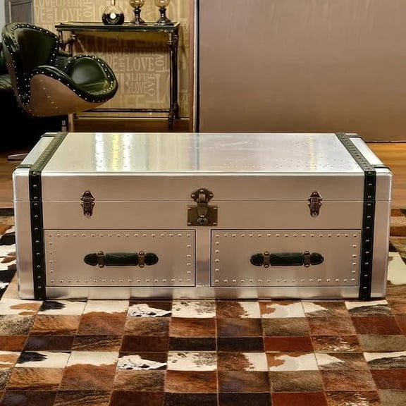 NauticalMart Aviator Coffee Table with Drawers & Storage Aluminum Accent Table Vintage Industrial Rectangular Table