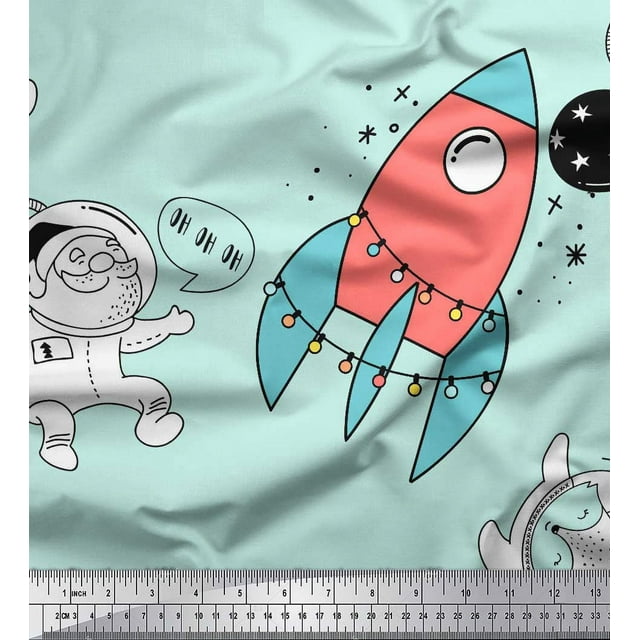 Soimoi Green Velvet Fabric Rocket & Penguin Cartoon Print Sewing Fabric Yard 58 Inch Wide