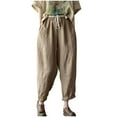 thumbnail image 2 of BLVB Women's Cotton Linen Tapered Pants Elastic Waist Drawstring Baggy Capris Comfy Beach Trousers for Summer, 2 of 7