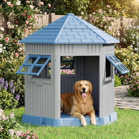 Nihsuao Durable Waterproof Dog House for Medium to Large Dogs, Indoor Outdoor Plastic Kennel with Elevated Floor & Air Vents, Easy Clean & Assemble, Blue, 33.5"L x 29.5"W x 37.4"H