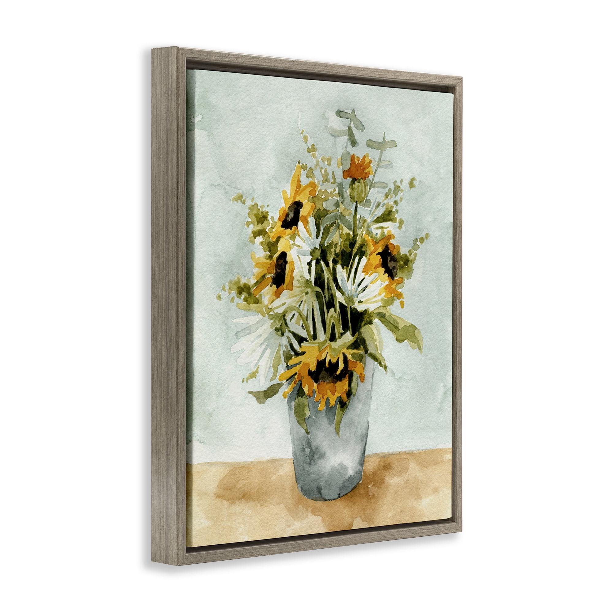 Stupell Industries Sunflower Blossom Watercolor Detail Botanical & Floral Painting Brown Floater Framed Canvas Art Print Wall Art, 25 x 31