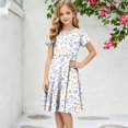 thumbnail image 3 of Grblisyd Girls Dress Cute Floral Print Short Sleeve Crew Neck A Line Dresses Kids Summer Casual Soft Sundress, 3 of 5
