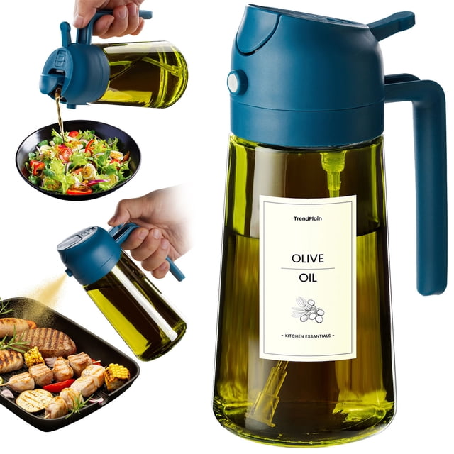 TrendPlain Dispensador de Aceite de Vidrio 16oz con Atomizador, Pulverizador de Aceite de Oliva para Cocina con Etiquetas, Tapa Azul Marino