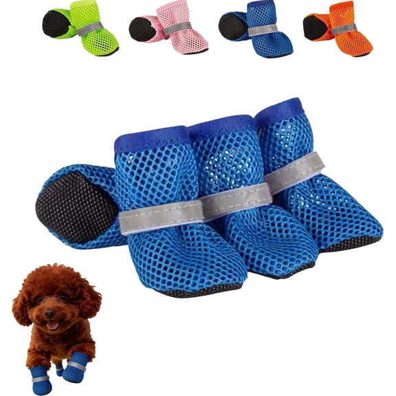 4Pcs Dog Shoes for Hot Pavement, Breathable Mesh Dog Boots with Anti-Slip Sole & Reflective Strap, Waterproof Paw Protectors for Pets Walking Running on Hot Pavement