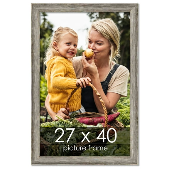 27x40 Distressed/Aged Contrast Grey Complete Wood Picture Frame with UV Acrylic, Foam Board Backing, & Hardware