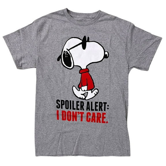 Peanuts Men's Officially Licensed Snoopy Spoiler Alert: I Don't Care Tee T-Shirt (Medium, Heather Gray)