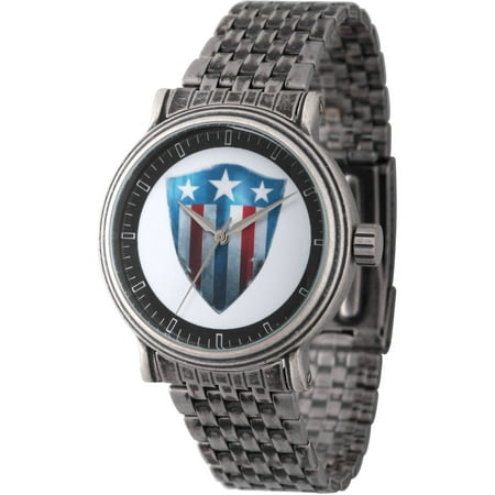 Marvel's Avengers: 75th Anniversary Shields Captain America Men's Antique Silver Vintage Alloy Watch, Antique Silver Stainless Steel Bracelet