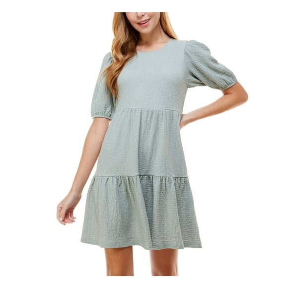 CRYSTAL DOLLS Womens Green Stretch Textured Tiered Skirt  Pullover Styling Pouf Sleeve Jewel Neck Short Fit + Flare Dress Juniors XL