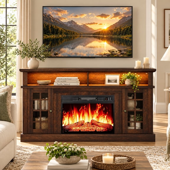 SESSLIFE Fireplace TV Stand for TVs up to 65", 58" Farmhouse Entertainment Center with 23" Electric Fireplace, LED Lights, Glass Door Storage Cabinets, Brown