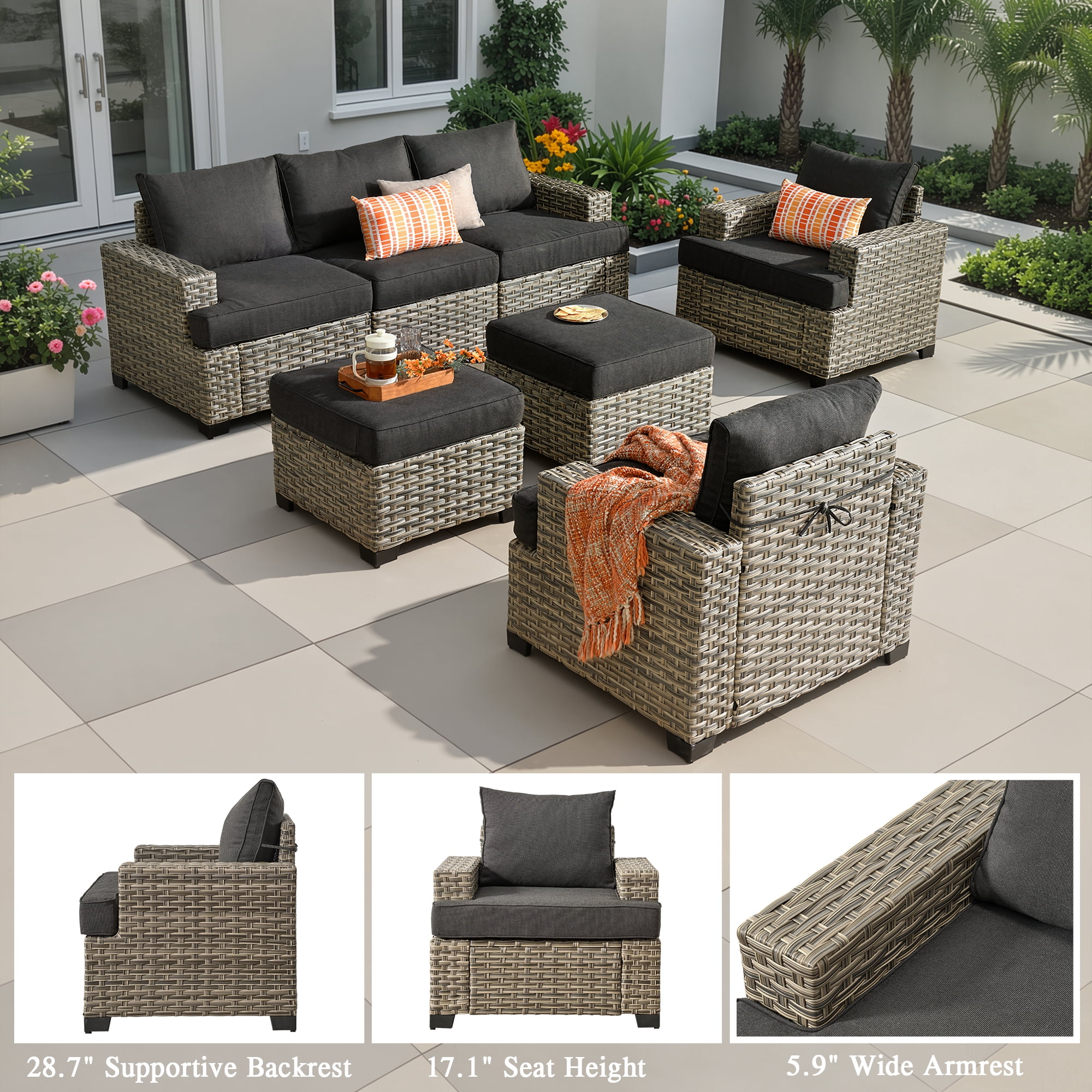 Ovios 7 Pieces Outdoor Patio Furniture Set All-Weather Rattan Wicker Sectional Sofa and Chairs with Ottomans, Black