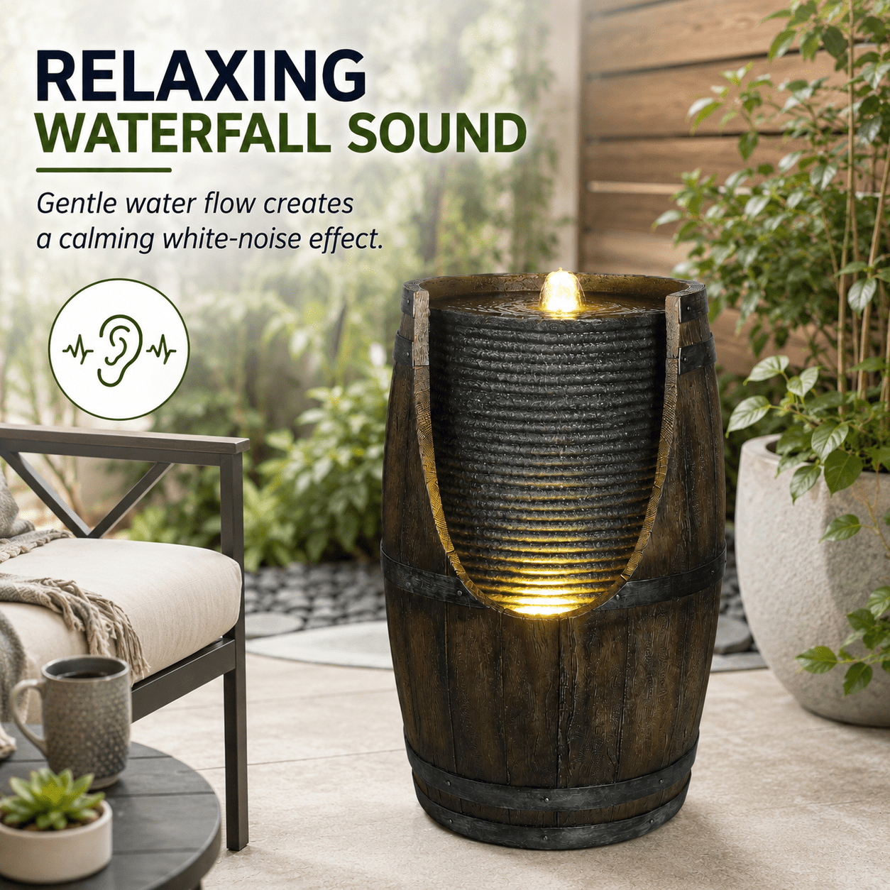Aukfa Farmhouse Barrel Outdoor Water Fountain with LED Lights for Patio Garden Yard,Green