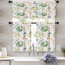 Green Pumpkins Kitchen Curtains Window Curtains Valance and Tier Set 36 Inch, Autumn Leaves Fall Rod Pocket Short Tier Curtain for Room, Thanksgiving Small Cafe Kitchen Decor