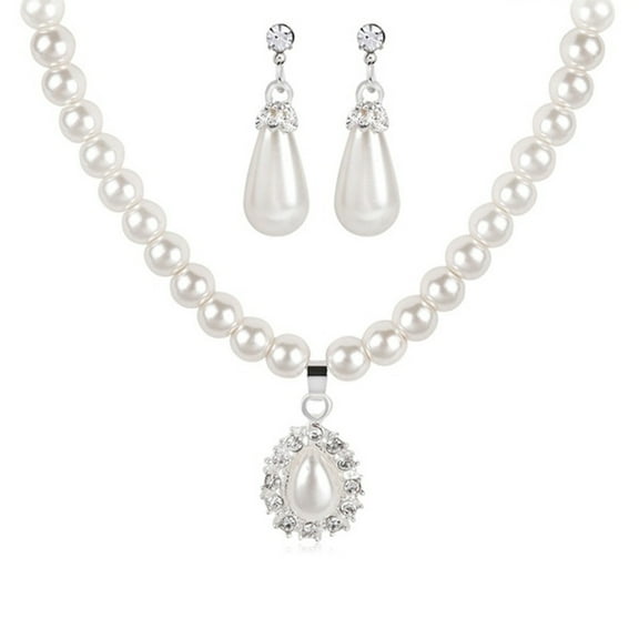 UDIYO Water Drop Faux Pearl Beaded Rhinestone Bridal Necklace Earrings Jewelry Set