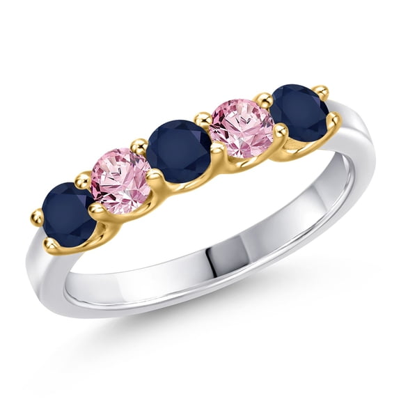 Gem Stone King 925 Silver and 10K Yellow Gold Blue Sapphire and Pink Lab Grown Diamond Wedding-Bands Ring for Women | 1.02 Cttw | Round 3.5MM | Gemstone September Birthstone | Size 5
