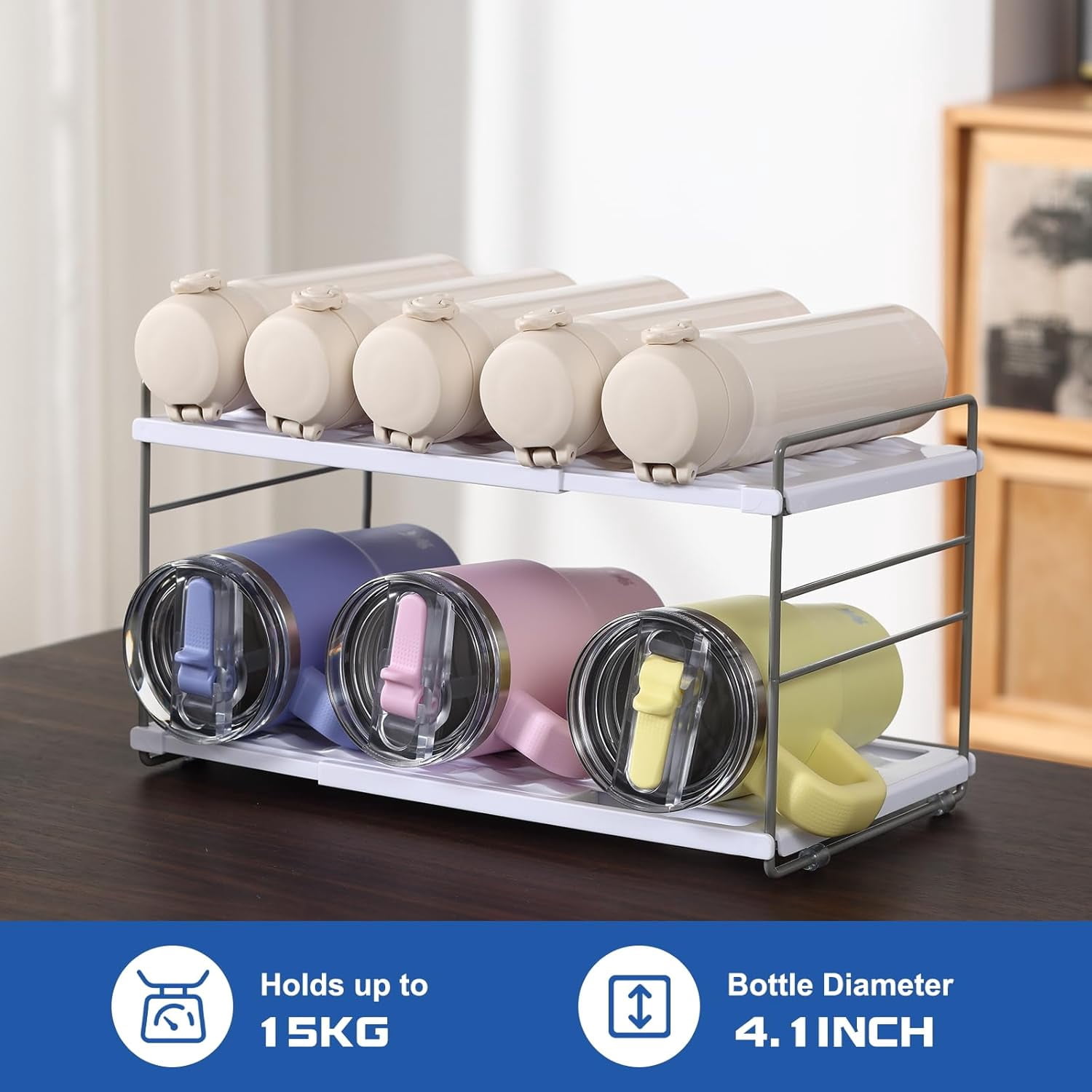 NestE-Water Bottle Organizer For Cabinet, Adjustable Tumbler Storage, Expandable 2 Tier Cup Organizer For Kitchen, Water Bottle Shelf Rack Holder For Pantry Countertop Fridge, White