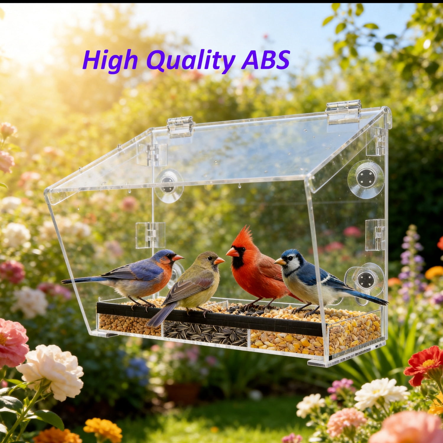 Window Bird Feeder with Strong Suction Cups – Acrylic Birdfeeder for Outdoor Wild Bird Viewing, Mounts on Window, Wall, or Bird Pole