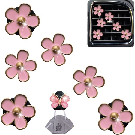 Pink Daisy Air Vent Clips, 6 Pcs Cute Flower Car Air Fresheners Vents Clips Car Diffuser Vent Clip Car Interior Decor Charm Cute Car Accessories Car Decoration for Women + Cute Butterfly Mask Hook
