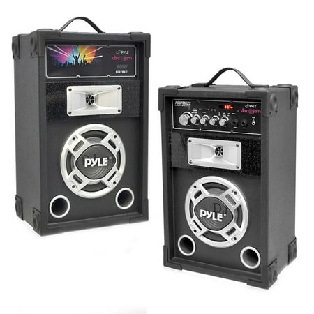 Pyle Dual 600 Watt Disco Jam Powered Two-Way PA Speaker System w/ USB/SD Readers, FM Radio, 3.5mm AUX Input & DJ Flashing