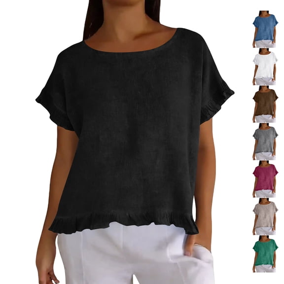 TGSLY Ruffle Trim Short Sleeve Tops for Women Lightweigh Thin Summer Crew Neck Ruffled Cuffs Blouses Dressy Casual Solid Color Flowy Edge Shirts M
