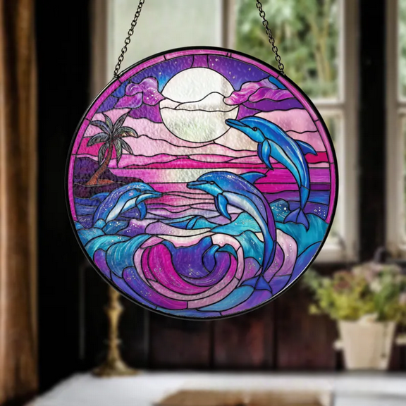 Dolphin Stained Glass Suncatcher, Ocean Window Hanging Decor, Gift for Dolphin Lovers