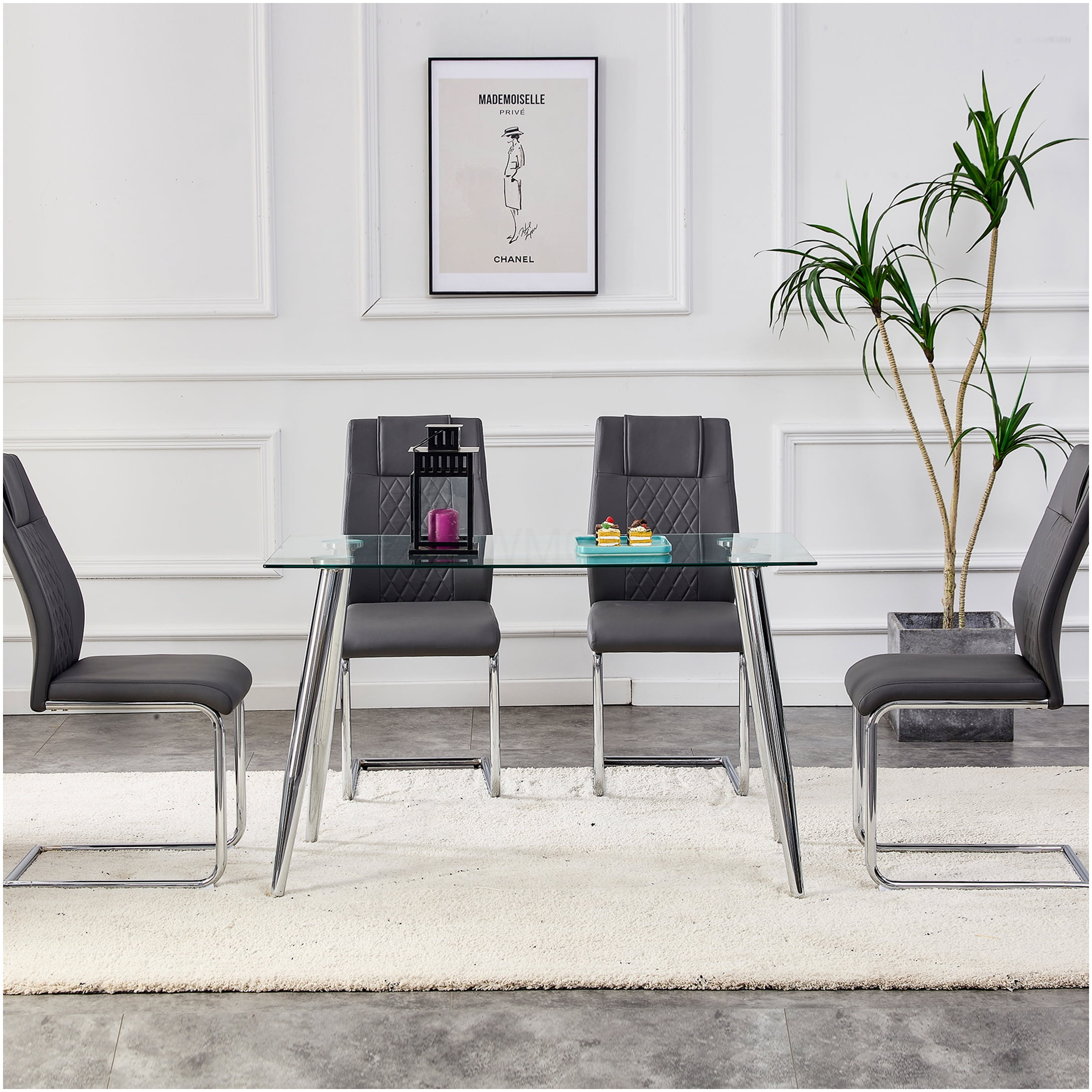 Modern PU Leather Dining Chairs Set of 8, Grey Upholstered Side Chairs with Padded Seat and Sturdy Metal Legs for Kitchen Dining Room