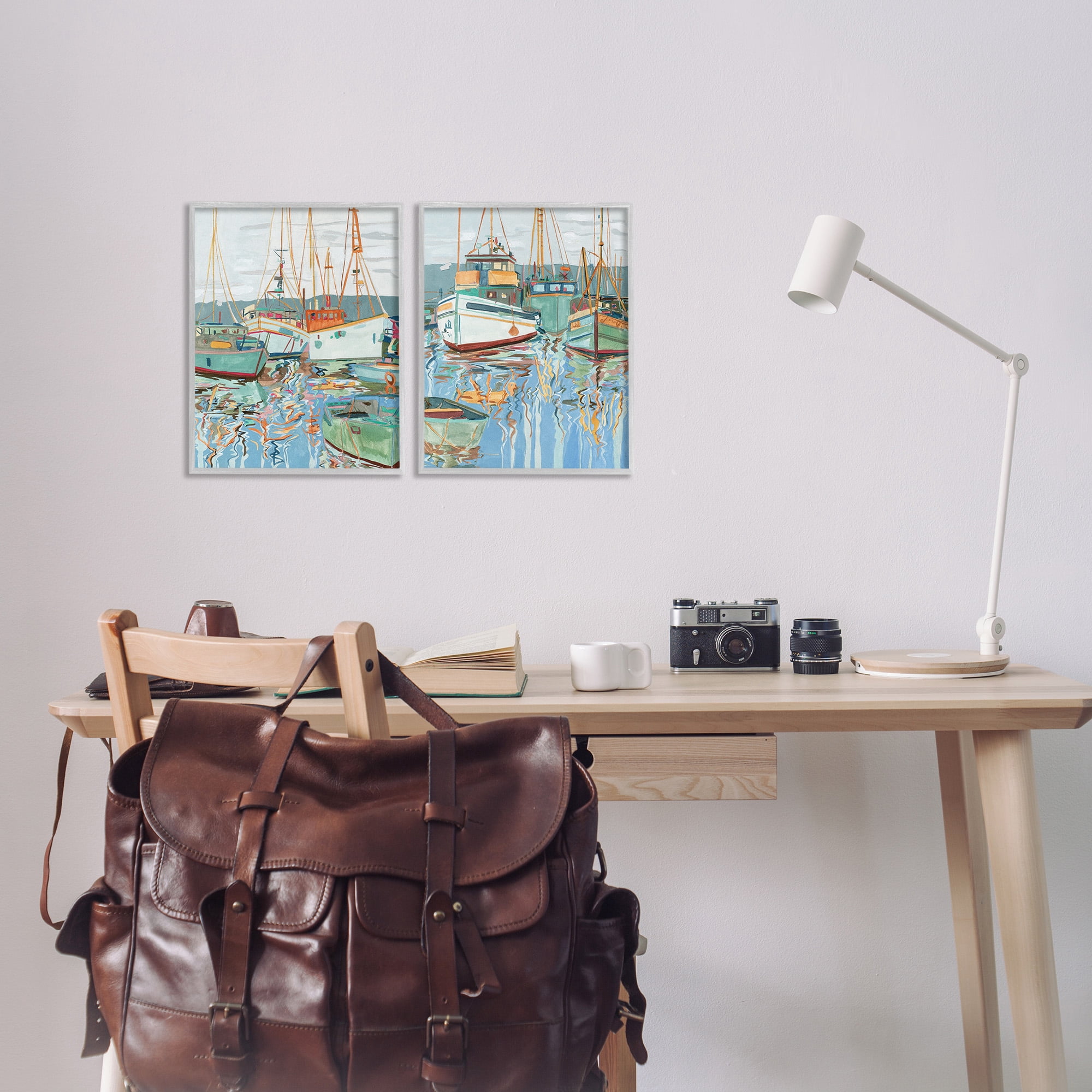 Stupell Industries Marina Ships Reflection Transportation Painting Gray Framed Art Print Wall Art, 11 x 14, Set of 2