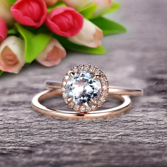 1.25 Carat 6mm Round Cut Aquamarine Engagement Ring with Plain Matching Band On 10k Rose Gold