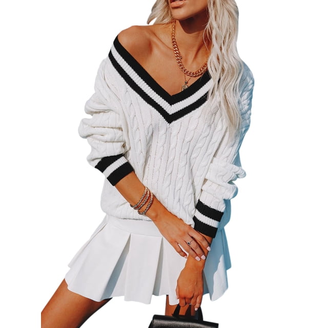 Jersey Aoudery para mujer, cuello en V, sobredimensionado, tejido trenzado, todo blanco