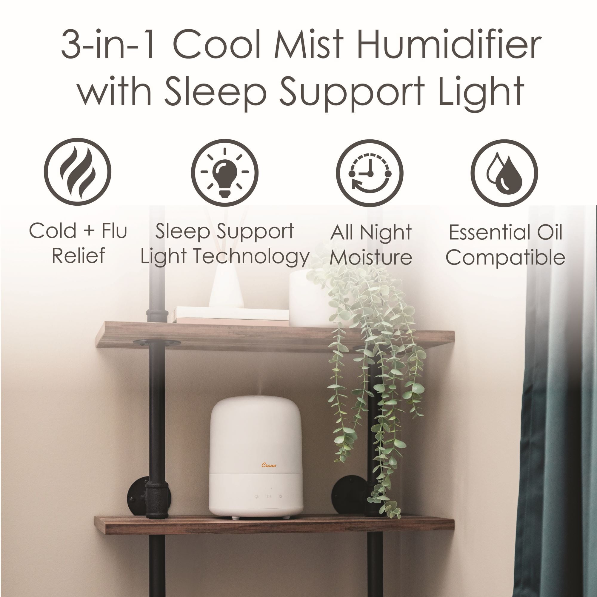 Compact 3-in-1 Cool Mist Humidifier, 0.5 Gallon Portable Room Humidifier with Sleep Support Night Light, Essential Oil Aroma Tray, Small Bedroom & Nursery Moisture Control