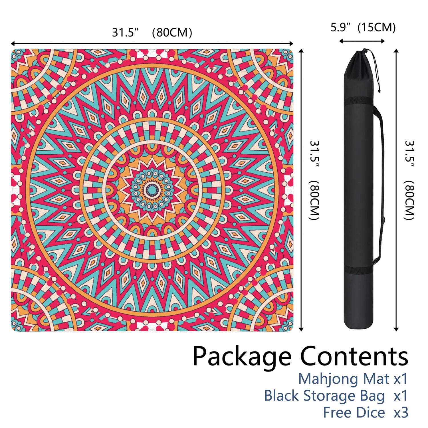 Mandala Mahjong Mat for Table, 31.5*31.5in Anti Slip American Mahjong Table Cloth, Noise Reduction, Neoprene Mah jongg Mat with Carrying Bag & 3 Dices, Mahjong Accessories Gift, Board Tile Games Mats