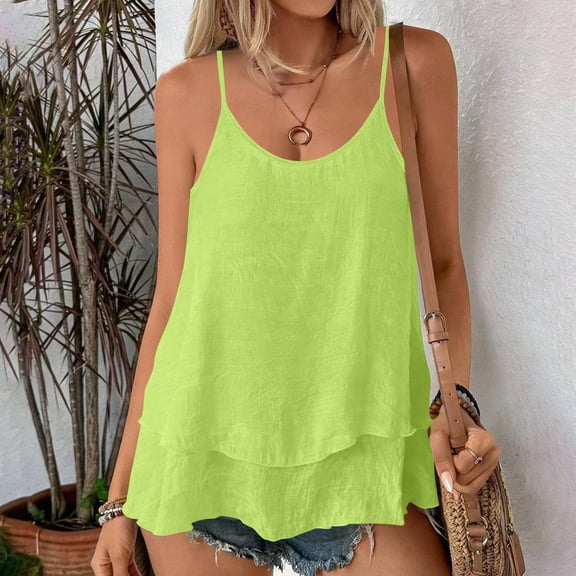 Uootdi Tank Tops for Women Sleeveless Spaghetti Strap Double Ruffle Hem Relaxed Fit Casual Summer Beach Vacation Outfits Gift